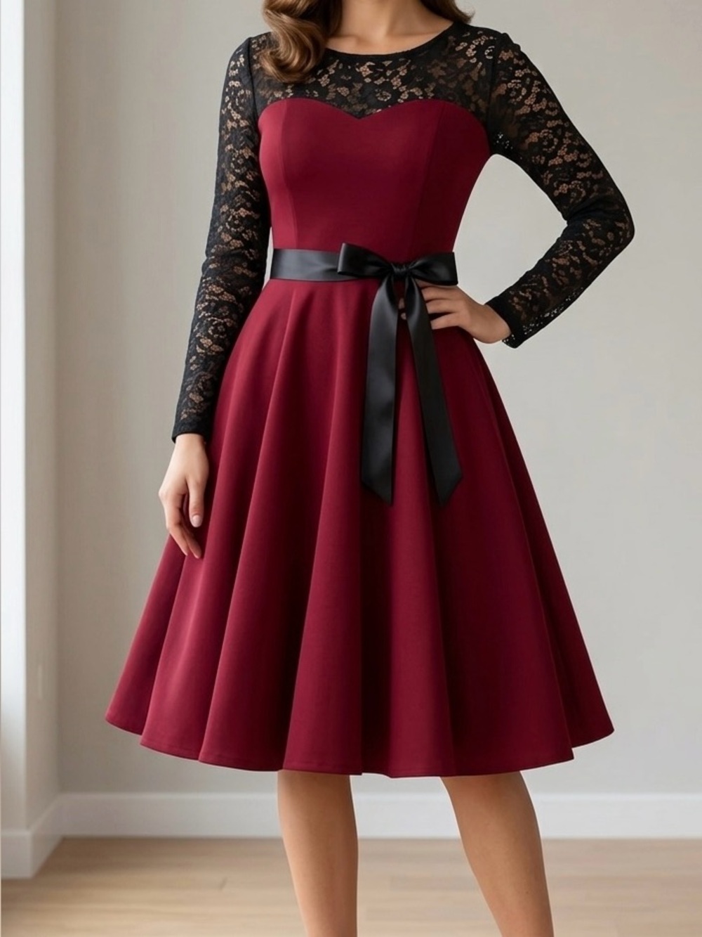 Elegant Burgundy Fit-and-Flare Lace Sleeve Dress with Black Sash